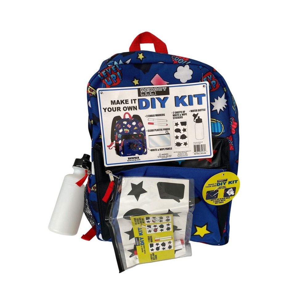 Reboot DIY Backpack Kit Kids Blue Gamer Theme Customizable with Water Bottle NWT
